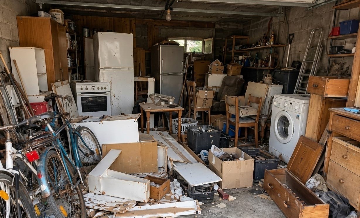 Garage encombré à débarrasser : électroménager, meubles, vélos et cartons