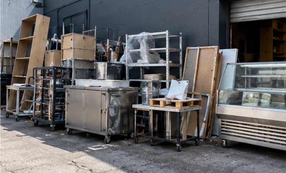 Débarras de local professionnel : mobilier et matériel de cuisine sortis avant évacuation